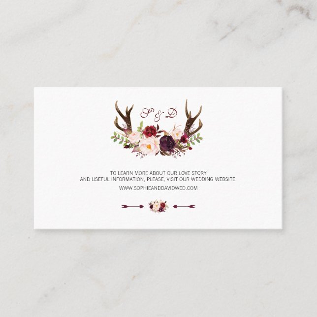 Burgundy Marsala Floral Antlers Wedding Website Visitenkarte (Vorderseite)