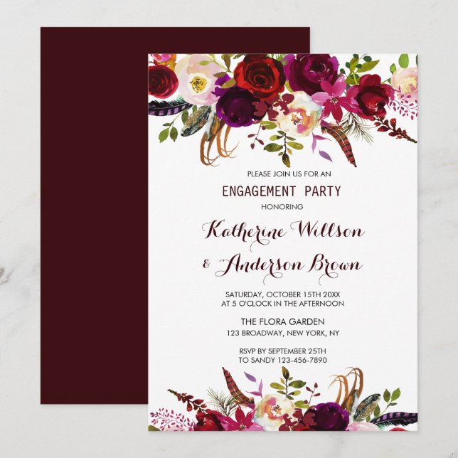 Burgundy Marsala Floral Autumn Engagement Party Einladung (Vorne/Hinten)