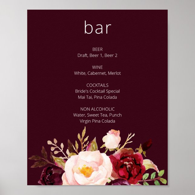 Burgundy Marsala Floral Bar Sign Poster (Vorne)