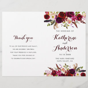 Burgundy Marsala Floral Folded Wedding Programm