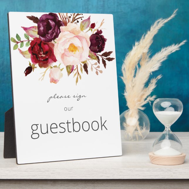 Burgundy Marsala Floral Gäestbook Sign White Fotoplatte (Seite)