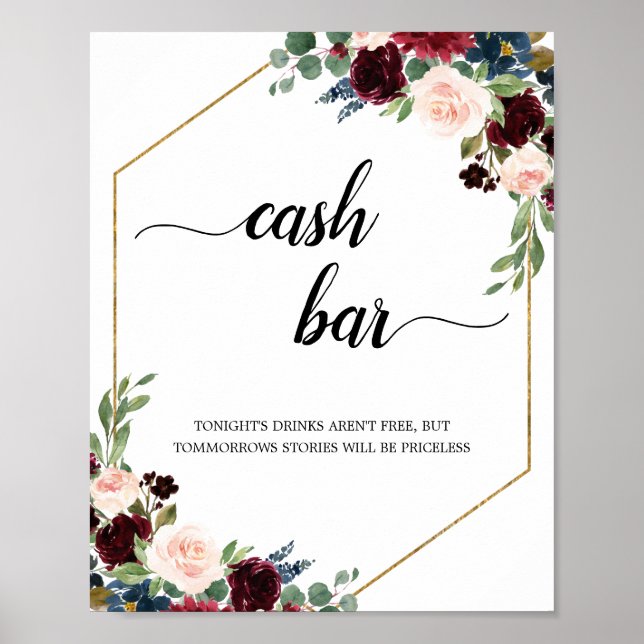 Burgundy Marsala Floral Geometric Cash Bar Sign Poster (Vorne)