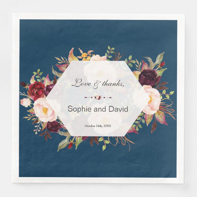 Burgundy Marsala Floral Geometric Navy Hochzeit Serviette (Vorderseite)