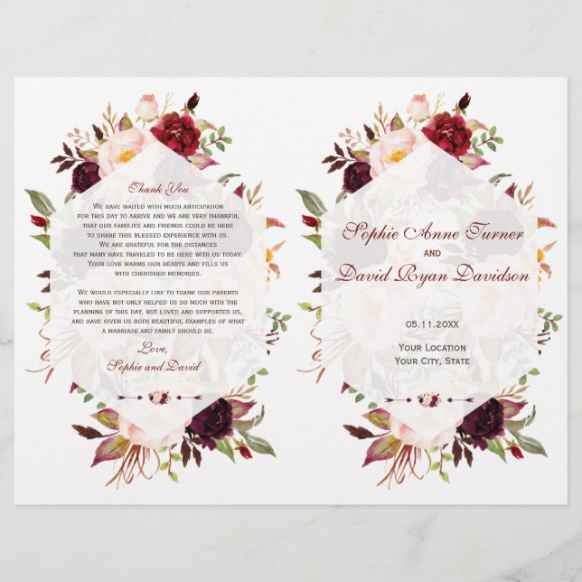 Burgundy Marsala Floral Geometric Wedding Program (Vorderseite)