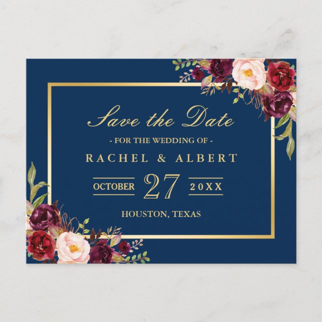 Burgundy Marsala Floral Gold Hochzeit Speichern Si Ankündigungspostkarte (Vorderseite)