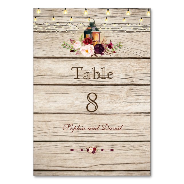 Burgundy Marsala Floral Lantern Wood Tischnummer (Vorderseite)