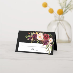 Burgundy Marsala Floral - Schwarz Platzkarte