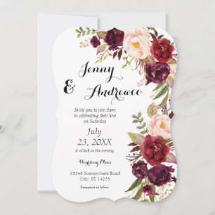 Burgundy Marsala Floral Wedding 2 White Einladung