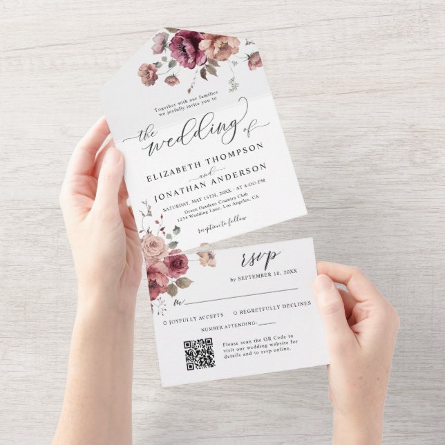 Burgundy Marsala Floral Wedding Details QR UAWG All In One Einladung (Abreißen)