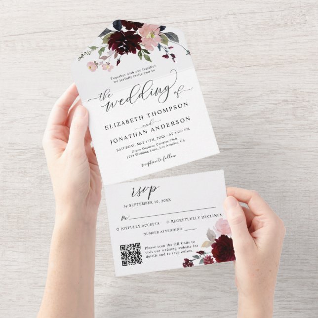 Burgundy Marsala Floral Wedding Details QR UAWG All In One Einladung (Abreißen)