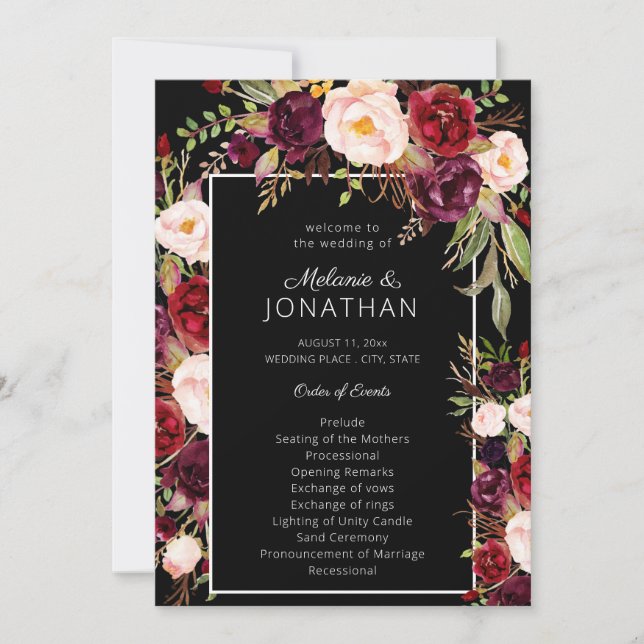 Burgundy Marsala Floral Wedding Program Black V3 Einladung (Vorderseite)