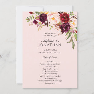 Burgundy Marsala Floral Wedding Program Pink V2 Einladung