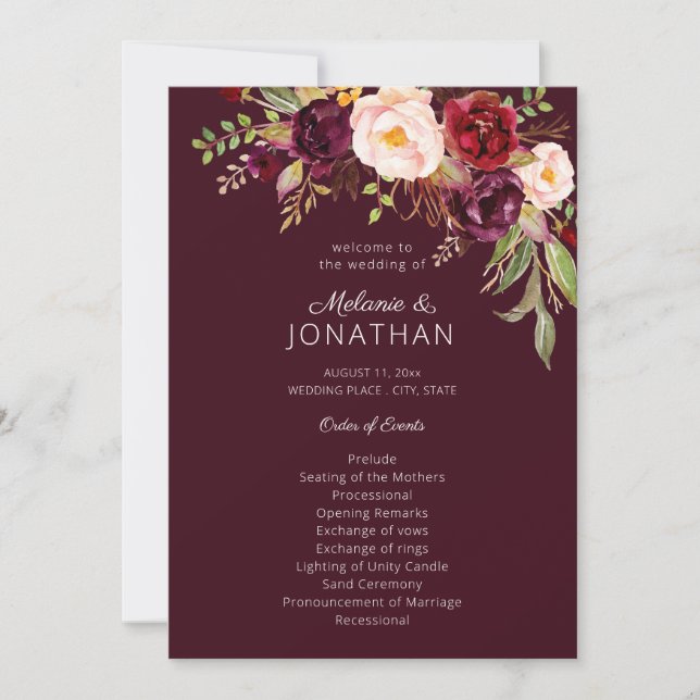 Burgundy Marsala Floral Wedding Program V2 Einladung (Vorderseite)