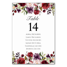Burgundy Marsala Floral Wedding Reception Platz Tischnummer