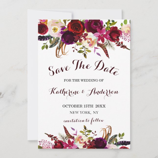 Burgundy Marsala Floral Wedding Save the Date (Vorderseite)