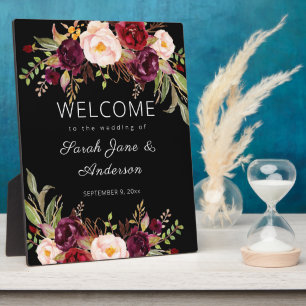 Burgundy Marsala Floral Welcome Sign - Black Fotoplatte