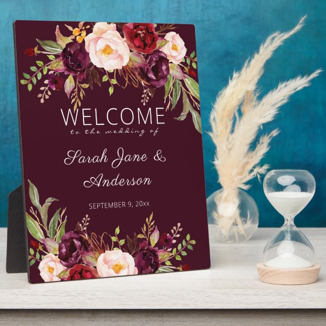Burgundy Marsala Floral Welcome Sign - Burgundy Fotoplatte (Seite)