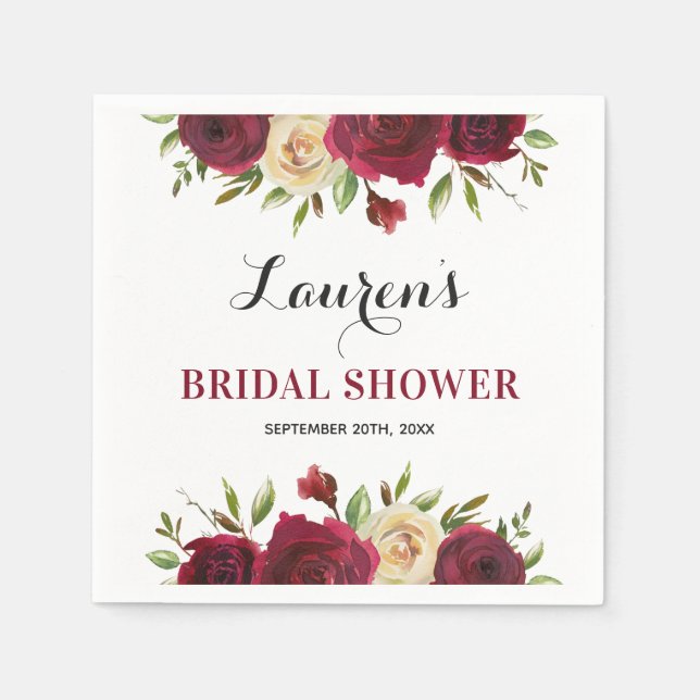Burgundy Marsala Floral Winter Brautparty Paper Serviette (Vorderseite)