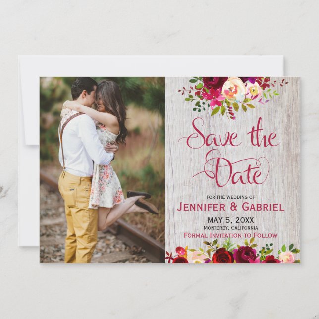 Burgundy Marsala Floral Wood Save the Date Foto (Vorderseite)