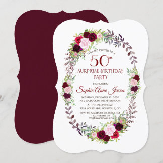 Burgundy Marsala Floral Wreath 50. Geburtstag Einladung