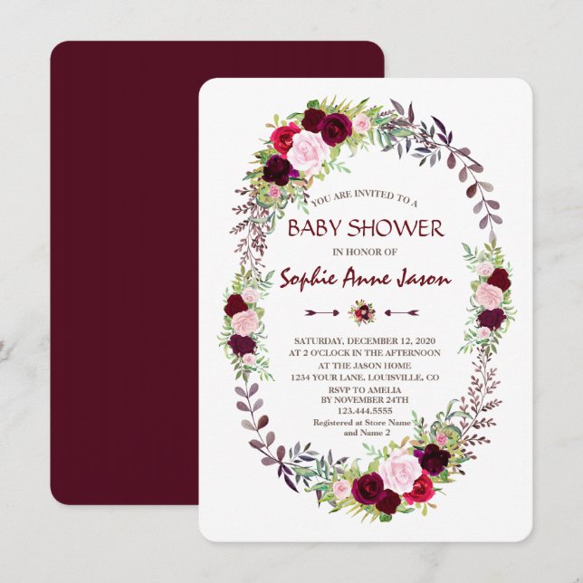 Burgundy Marsala Floral Wreath Baby Dusche Einladung (Vorne/Hinten)