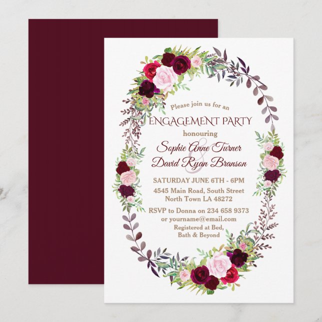 Burgundy Marsala Floral Wreath Engagement Party Einladung (Vorne/Hinten)