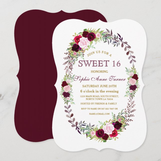 Burgundy Marsala Floral Wreath Sweet 16 Einladung (Vorne/Hinten)