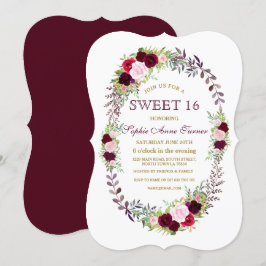 Burgundy Marsala Floral Wreath Sweet 16 Einladung