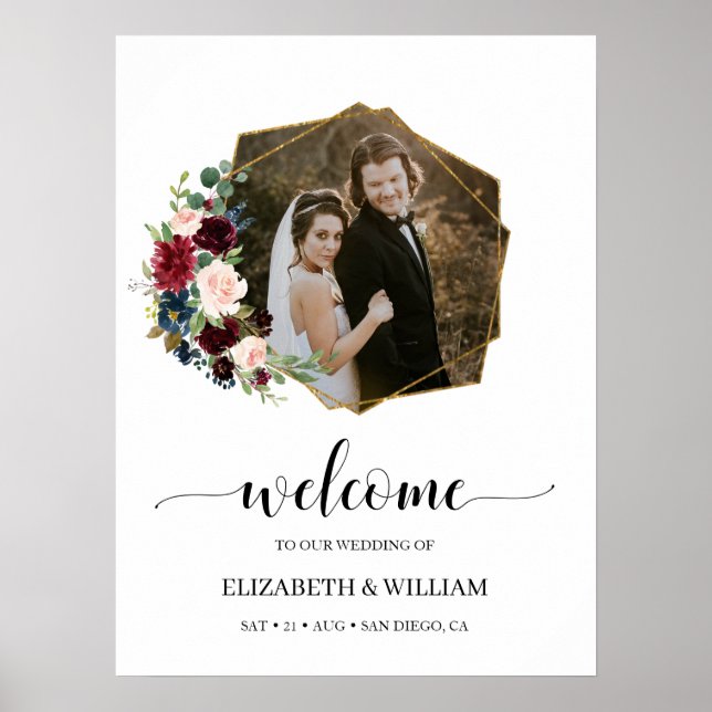 Burgundy Marsala Foto Hochzeit Begrüßung Zeichen Poster (Vorne)