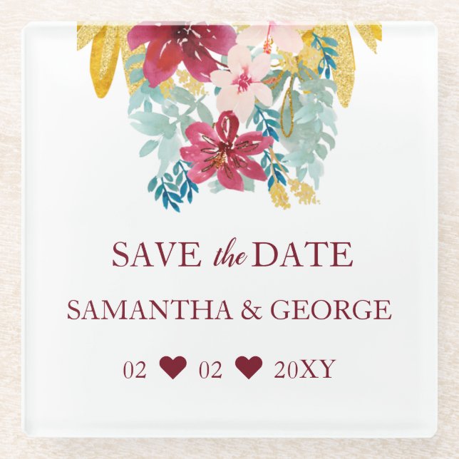 Burgundy Marsala Gold Floral Botanische Hochzeit Glasuntersetzer (Vorderseite)