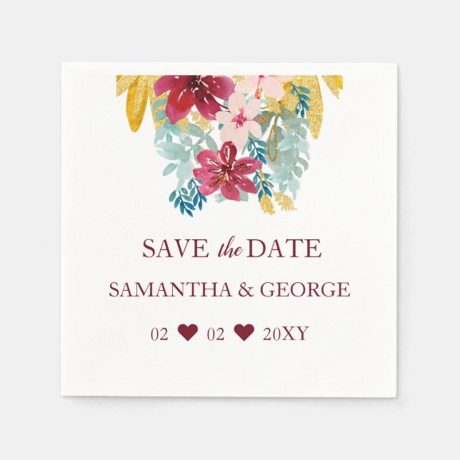 Burgundy Marsala Gold Floral Botanische Hochzeit Serviette (Vorderseite)