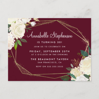Burgundy Marsala Gold Geometric Geburtstagsparty Einladungspostkarte