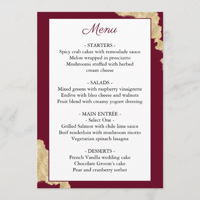 Burgundy Marsala & Gold Wedding Menu Menükarte (Vorderseite)