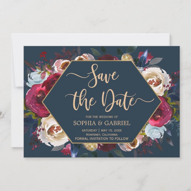 Burgundy Marsala Navy Floral | SAVE THE DATE (Vorderseite)