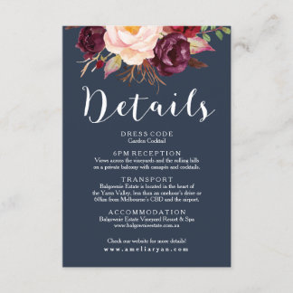 Burgundy Marsala Navy Wedding Details Card Begleitkarte