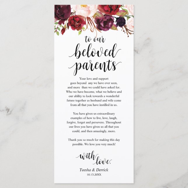 Burgundy Marsala, Platz Einstellung Dankeschön Kar Programm (Vorderseite)