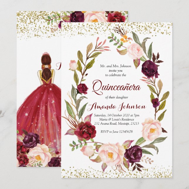 Burgundy Marsala Princess Quinceañera Spanisch Einladung (Vorne/Hinten)