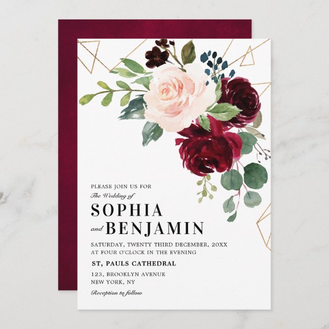 Burgundy Marsala Red Blush Rose Geometric Floral Einladung (Vorne/Hinten)