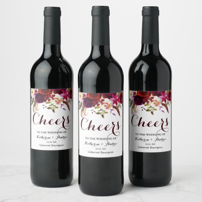 Burgundy Marsala Red Boho Floral Cheers Wedding Weinetikett (Flaschen)