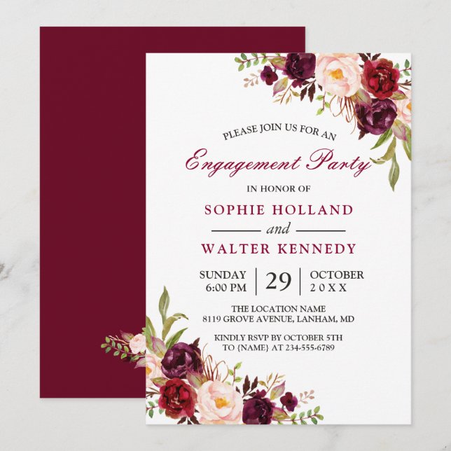 Burgundy Marsala Red Floral Chic Engagement Party Einladung (Vorne/Hinten)