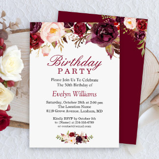 Burgundy Marsala Red Floral Geburtstagsparty Einladung