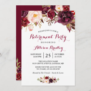 Burgundy Marsala Red Floral Retirement Party Einladung