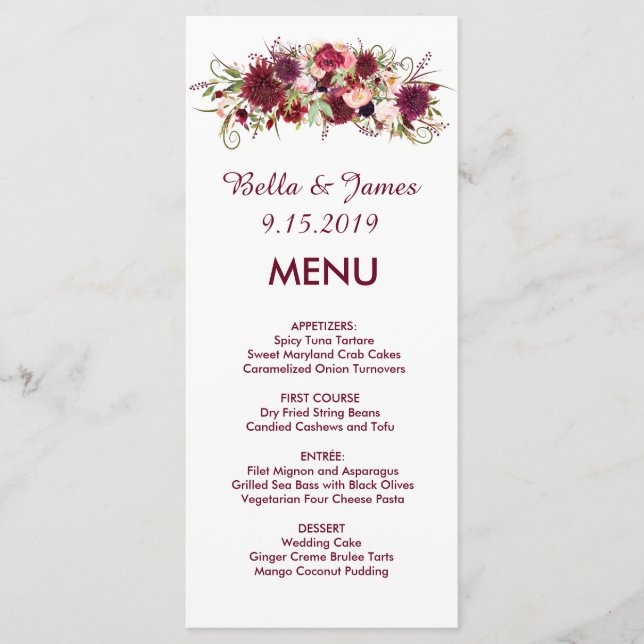 Burgundy Marsala Red Floral Wedding Menu Menükarte (Vorderseite)