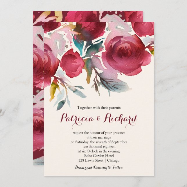 Burgundy Marsala Romantic Floral Wedding Einladung (Vorne/Hinten)