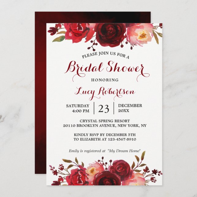 Burgundy Marsala Rote Rosen Blumenkohl Brautparty Einladung (Vorne/Hinten)
