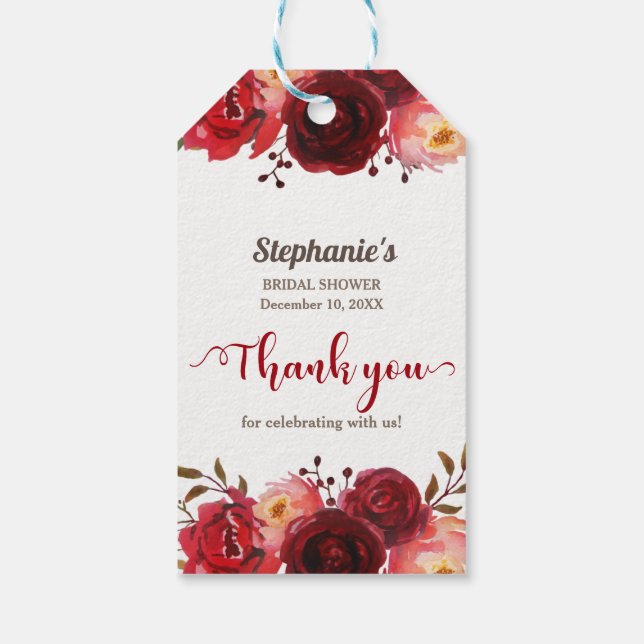 Burgundy Marsala Rote Rosen Blumenkohl Brautparty Geschenkanhänger (Rückseite)