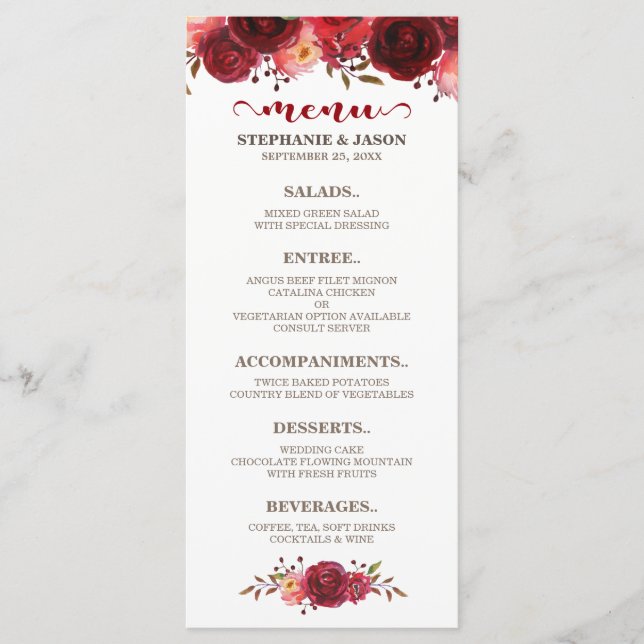 Burgundy Marsala Rote Rosen Blumenmenü Menükarte (Vorderseite)