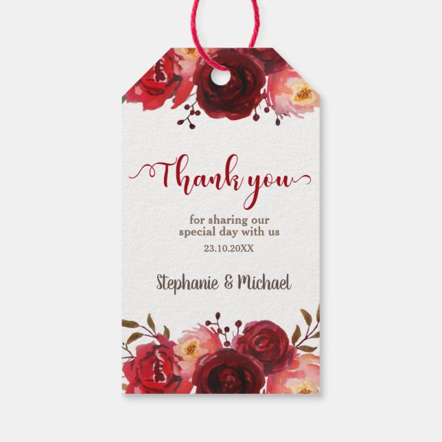 Burgundy Marsala Rote Rosen Floral Wedding Geschenkanhänger (Rückseite)