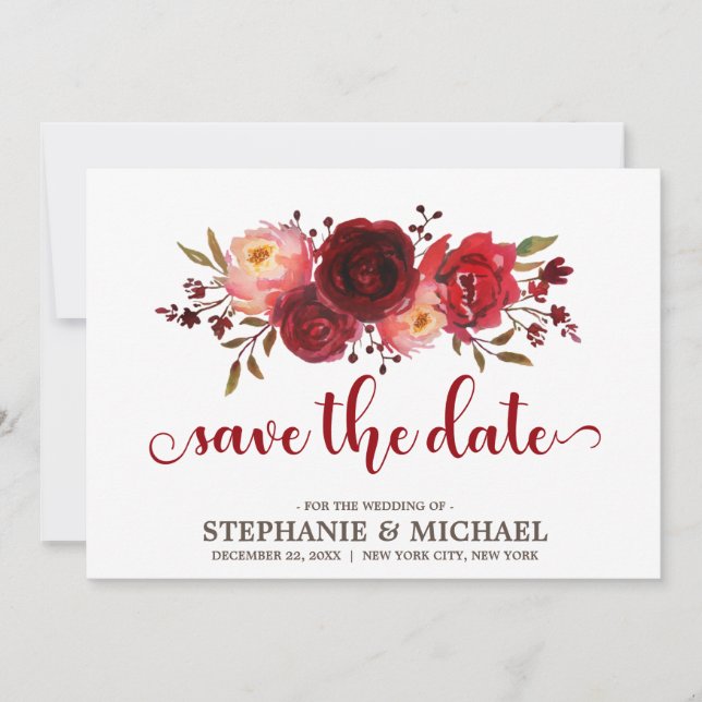Burgundy Marsala Rote Rosen Save the Date Floral (Vorderseite)