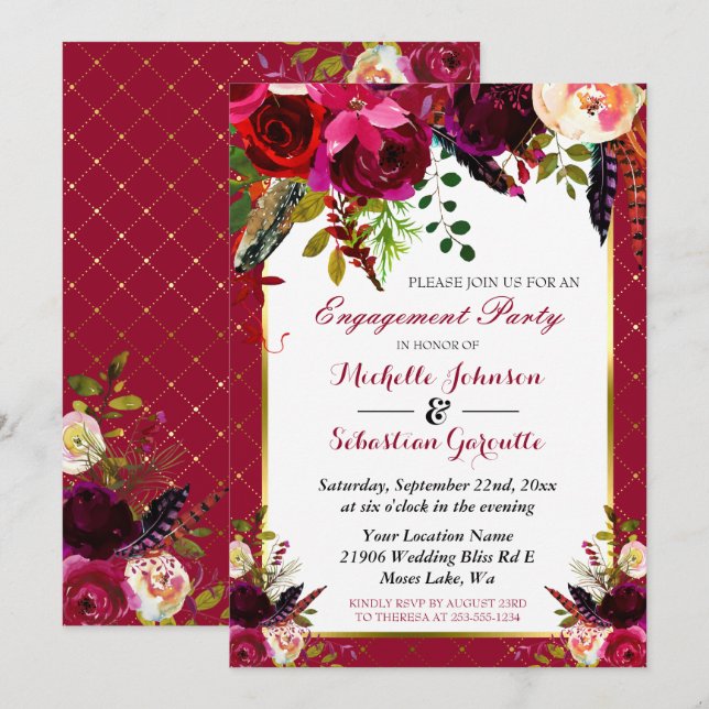 Burgundy Marsala Rustic Floral Engagement Party Einladung (Vorne/Hinten)